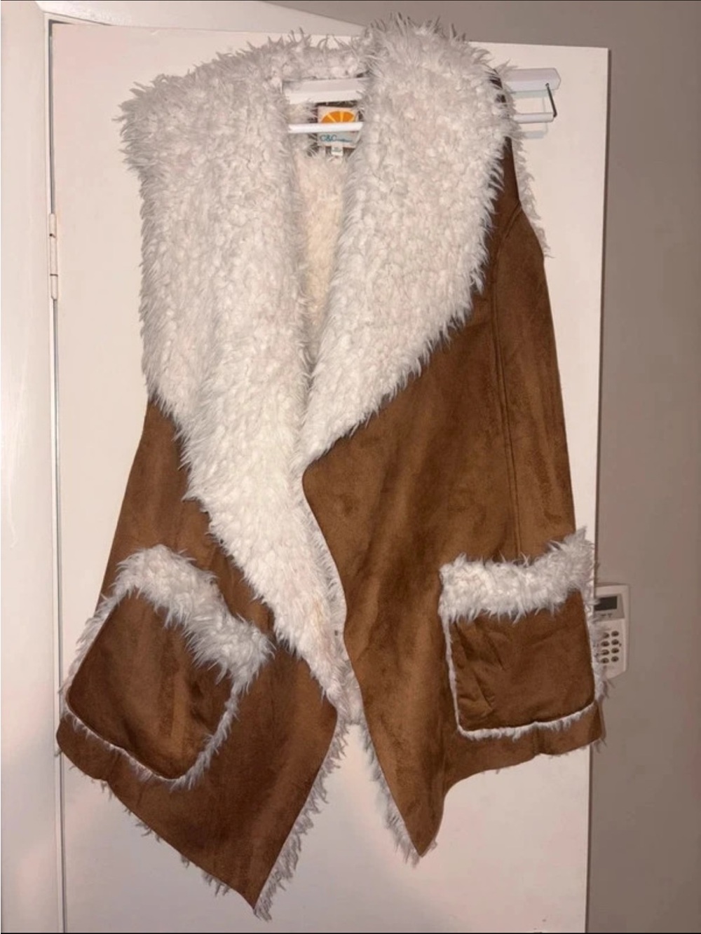 C&C California Chestnut Faux-Suede Vest with White Sherpa Trim